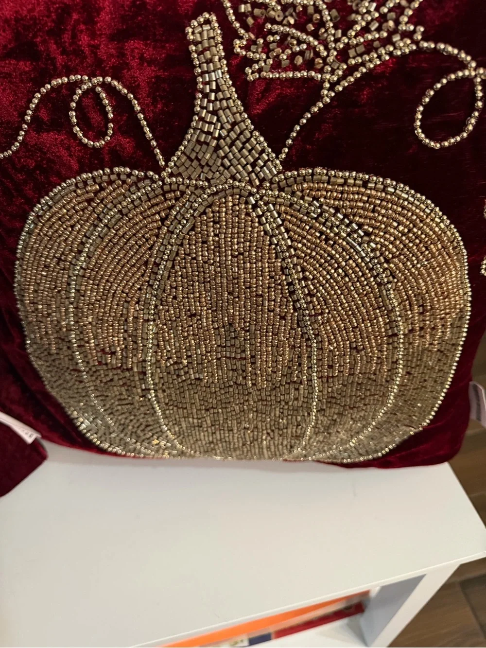 Luxurious Red Velvet Holiday Pumpkin Accent Pillow with Gold Beading